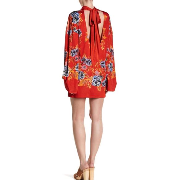New Free People 2 AM Mini Dress Mock Neck  $168 SMALL Red  Floral Open-Back - Picture 4 of 5